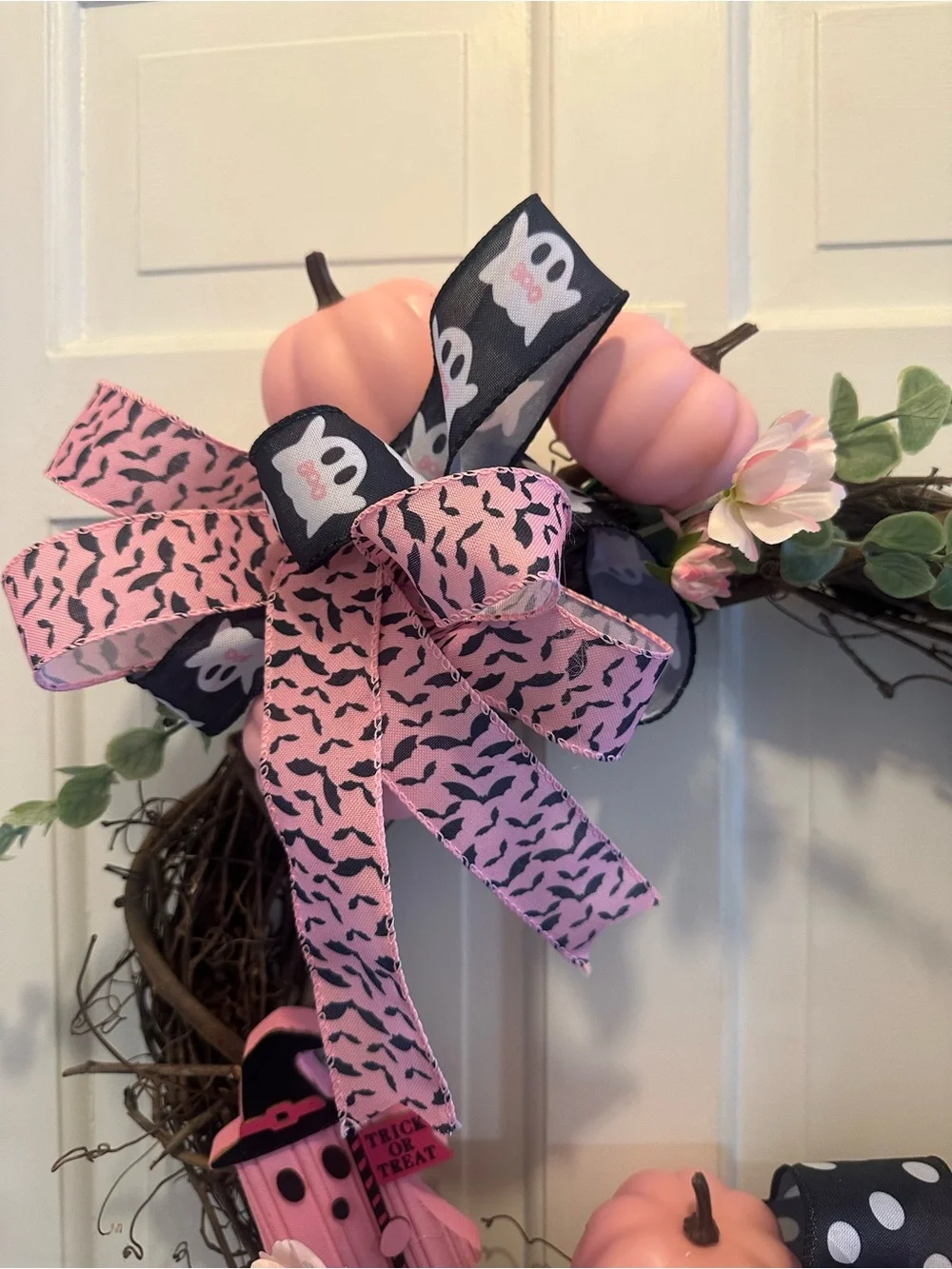 Pink Ghost & Pumpkin Halloween Wreath